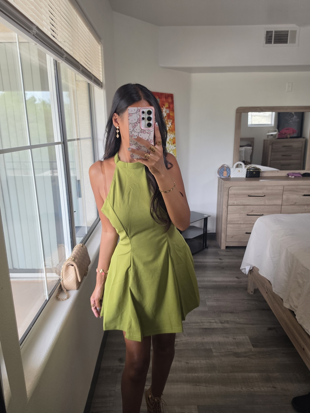 Sleeveless Halter Fit & Flare Dress in Olive Green